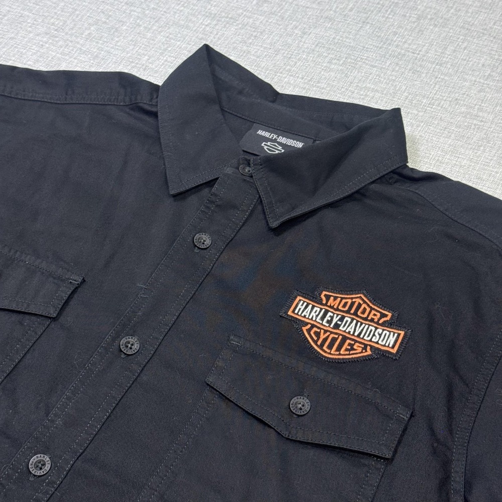 Harley-Davidson Button-Up Shirt Mens XL Black Short Sleeve Twill Logo Patch